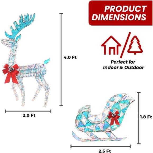 Iridescent Christmas Reindeer and Santa Sleigh Set (4ft w/ 140 Lights) - Picture 6 of 6